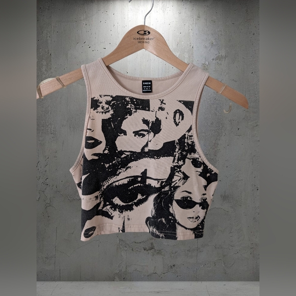 SHEIN Tops - SHEIN Beige Crop Tank with Black Graphic Print